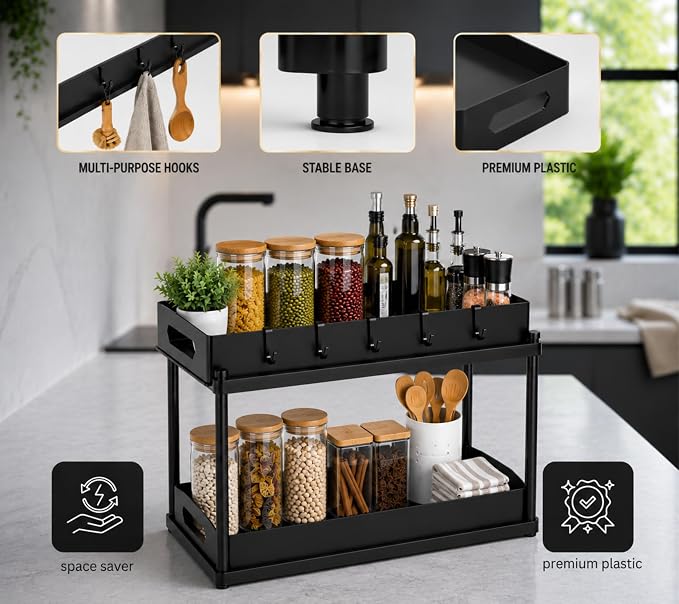 2 Pack Under Sink Organizer, Pull-Out Cabinet Storage Organizers for Bathroom & Kitchen, Multi-Purpose Under Counter Shelf Rack for Cleaning Supplies, Bottles & Toiletries, Cabinet Organizer-Black - Image 6
