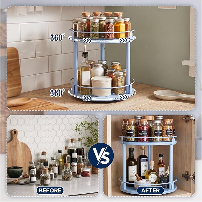 Light Blue Wooden Revolving Spice Rack 2 Tier Lazy Susan Organizer - Image 3