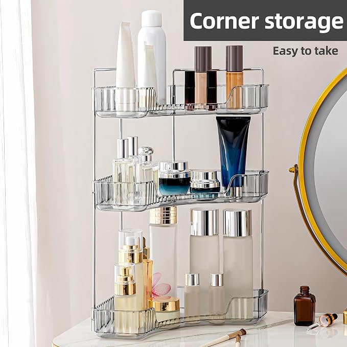 YCIA&DONE Corner Bathroom Counter Organizer, Makeup Organizer for Vanity, Skincare Cosmetic Perfume Tray, Corner Countertop Shelf Rack Storage for Bathroom Kitchen 3Tiers (Smoky Gray) - Image 4