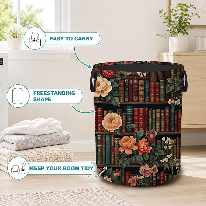 Vintage Bookshelf Portable Laundry Hamper,Floral Library Collapsible Clothes Basket with Handles,Waterproof Oxford Cloth Organizer for Dorm Bedroom Bathroom Nursery,16 x 20 Inch - Image 3