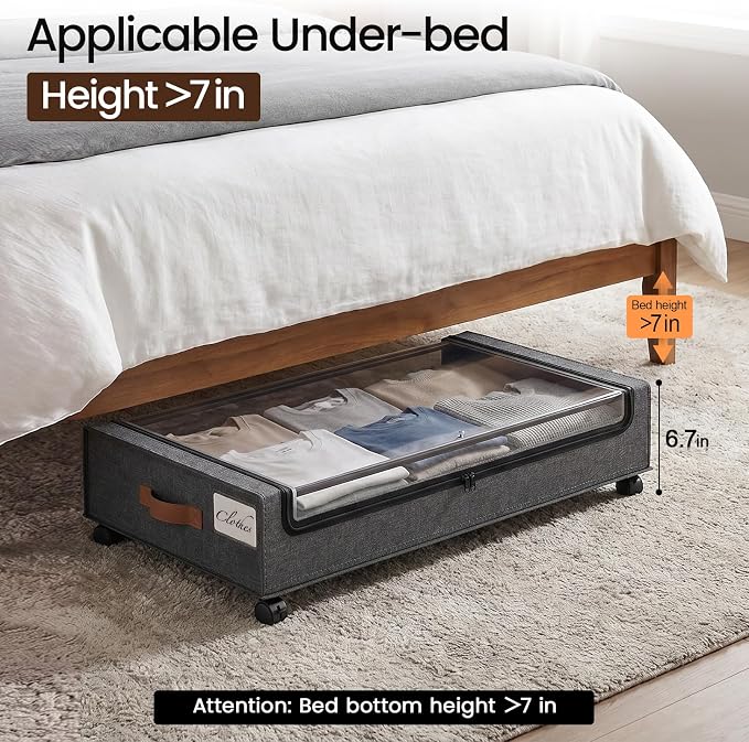 Yecaye 60 L Under Bed Storage with Wheels, 2 Pack Under Bed Storage Containers with Clear Window & Label, Rolling Under bed Shoe Storage organizer for Clothes, Shoes, Hemp Grey - Image 4