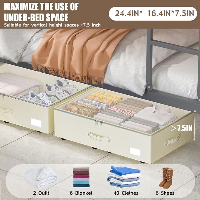 EE-RoomWorld Under Bed Storage with Wheels, No Assemble Required 7.5 inches height Under Bed Storage bins,Large capacity Rolling Underbed Shoe Storage containers，dorm underbed storage drawers - Image 3