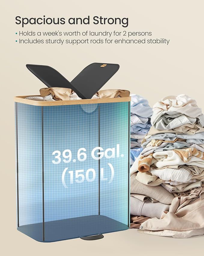 SONGMICS Laundry Hamper with 2 Lids, 150L Laundry Basket，2 Compartments - Image 3