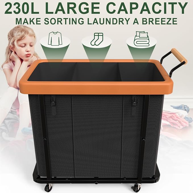 Laundry Hamper 3 Section with Lid,230L Rolling Dirty Clothes Hamper Black - Image 2