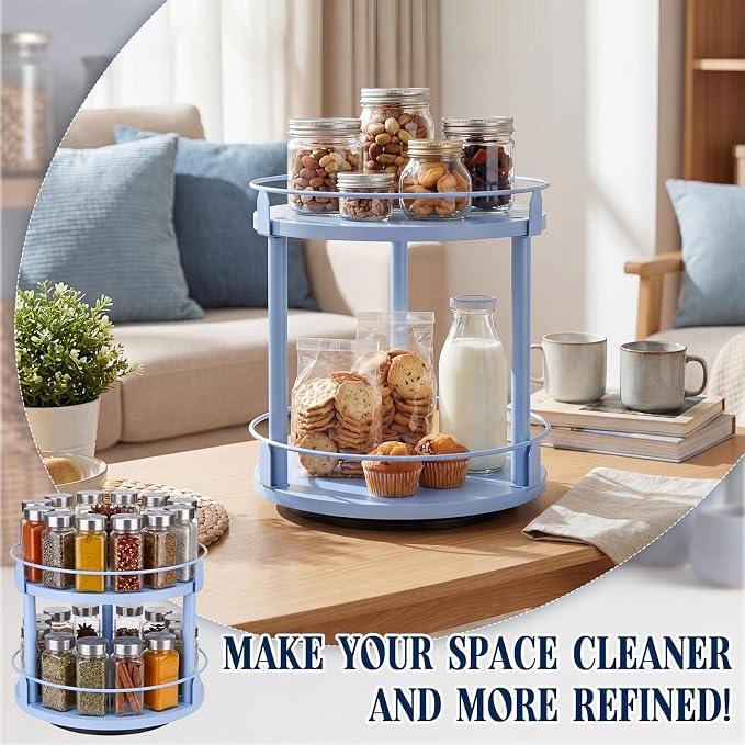 Light Blue Wooden Revolving Spice Rack 2 Tier Lazy Susan Organizer - Image 6