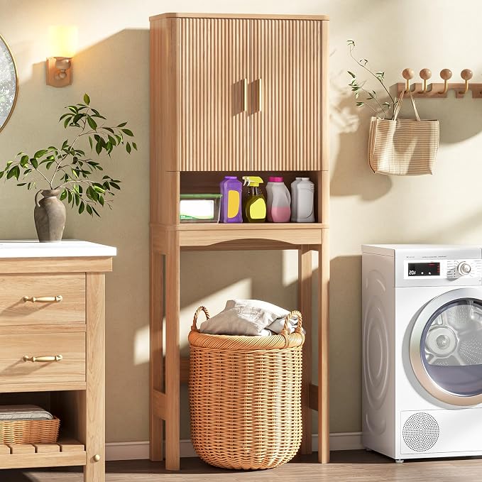 Vabches Farmhouse Over the Toilet Storage Cabinet with 2 Fluted Doors, Oak - Image 5