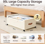 Yecaye 95L Under Bed Storage Containers, Fits 11" Under Bed, 2 Pack, Beige | XXL Capacity, 360° Rolling Wheels, Sturdy Metal Frame, Clear Window & Label, Storage Bins for Clothes, Shoes, Blankets - Image 2