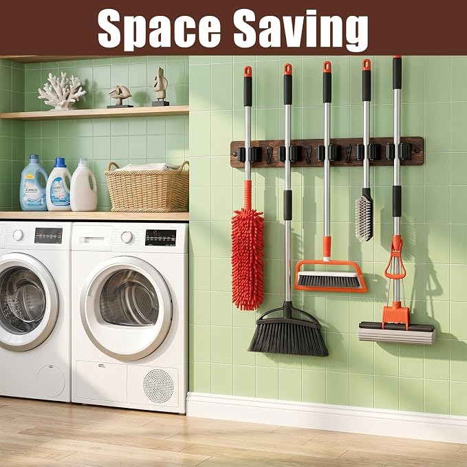 2 Pack Broom Holder Wall Mount Rustic Wood Broom Hanger Wall Mount With 5 Slots And 4 Hooks Mop And Brooms Organizer Walls Hanging For Laundry Rooms Garage Kitchen Closet Decor Brown - Image 6