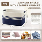72L Large Woven Laundry Basket Hamper with Leather Handles,Navy - Image 2