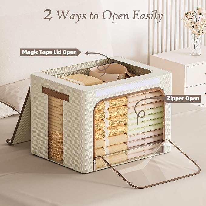 Yecaye Clothes Storage Bins with Lids & Clear Window, Beige, 40L, 3 Pack | Metal Frame, Foldable, Organizer Box Zippers & PU Leather Handles - Image 3