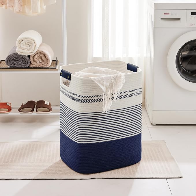 85L Tall Woven Laundry Basket Hamper with Leather Handles,Navy - Image 3