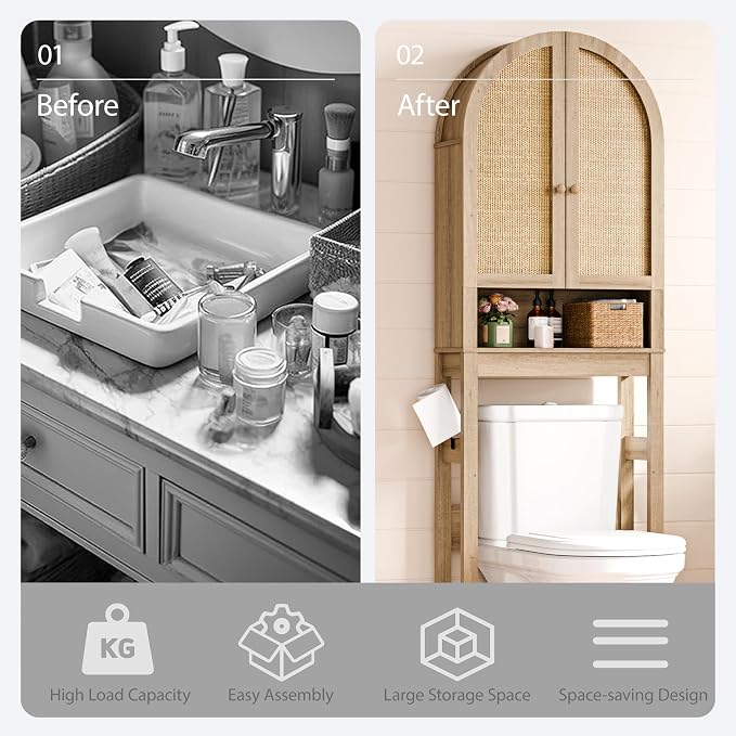 Over The Toilet Storage Cabinet, 23.7”W Modern Storage Cabinet Over Toilet with Rattan Doors, Arched Freestanding Over Toilet Rack with Adjustable Shelf for Bathroom, Nature - Image 7