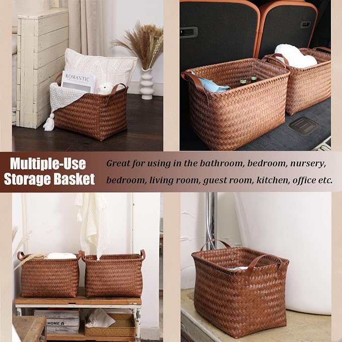 BROWNLILY Handwoven Clothes Basket Laundry Hampers Large Wicker Storage Baskets for Shelves Blankets Closet Storage Bins Car Bedroom Bathroom Organizers and Storage Bath (8, Brown) - Image 7