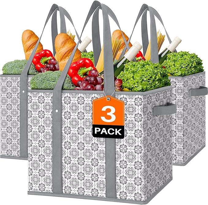 Reusable Grocery Bags 3 Pack, Foldable & Water Resistant Shopping Bags by WiseLife