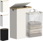 efluky Slim Laundry Basket with Lid, Narrow Laundry Hamper with Removable Bag, Skinny Dirty Clothes Basket with Bamboo Handles for Bathroom, Bedroom & Laundry Room, 75L Beige by efluky