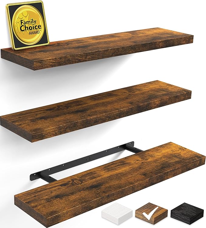 BAYKA Rustic Brown Floating Shelves 35.4in, Set of 3, Wall Mount Wood Shelf by Bayka