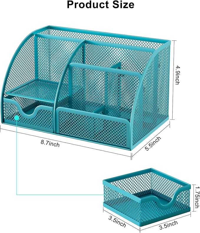 EasyPAG Mesh Desk Organizer with Drawer Multi-functional Pen Holder Stationery Organizer for Office School Supplies 6 Compartments Dorm Organizers and Storage for Desk, Blue - Image 7
