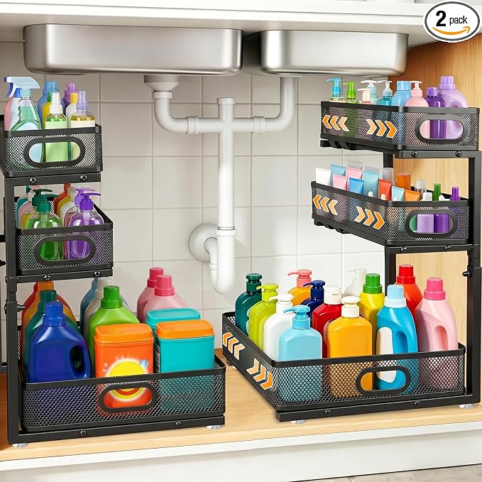 3 Tier Adjustable Under Sink Organizer for Bathroom & Kitchen(2Pack, Black) by OFBIC