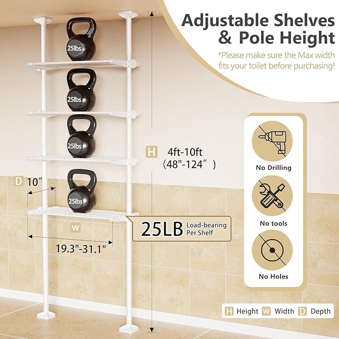 Over The Toilet Storage Shelf No Drill 4-Tier Adjustable Bathroom Organizer - Image 2