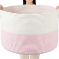 Foldable Laundry Hamper Basket with Collapsible Handle Cotton Rope Soft Woven Fabric Storage Organizer Clothes Toys Nursery Bedroom Dorm Space Saving Bin (White & Pink, 115L(23.6"D x 15.7"H)) by BEVOVBE