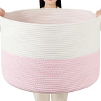 Foldable Laundry Hamper Basket with Collapsible Handle Cotton Rope Soft Woven Fabric Storage Organizer Clothes Toys Nursery Bedroom Dorm Space Saving Bin (White & Pink, 115L(23.6"D x 15.7"H)) by BEVOVBE