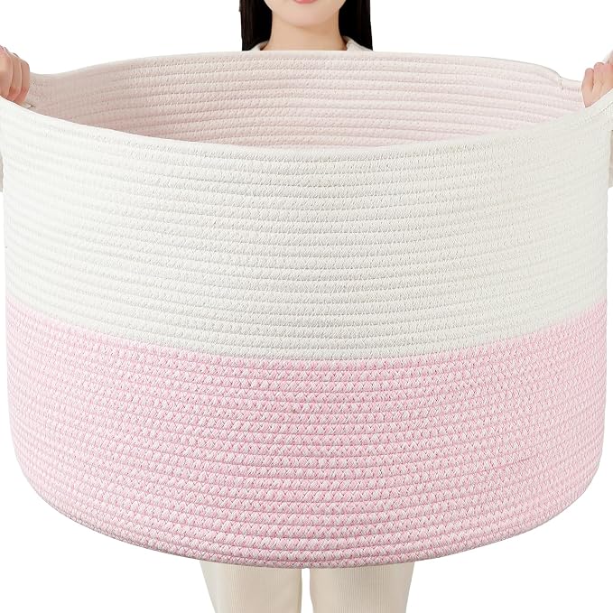Foldable Laundry Hamper Basket with Collapsible Handle Cotton Rope Soft Woven Fabric Storage Organizer Clothes Toys Nursery Bedroom Dorm Space Saving Bin (White & Pink, 65L(19.7"D x 12.6"H)) by BEVOVBE