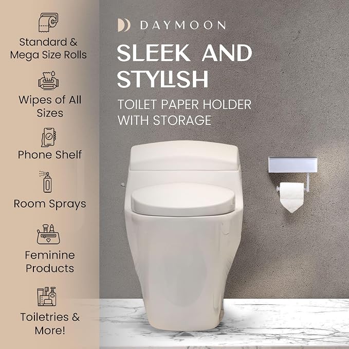 Day Moon™ - Toilet Paper Holder with Shelf - Modern Roll Holder for Bathroom - 1 Pack - Wall Mount - with Storage, White - Image 3