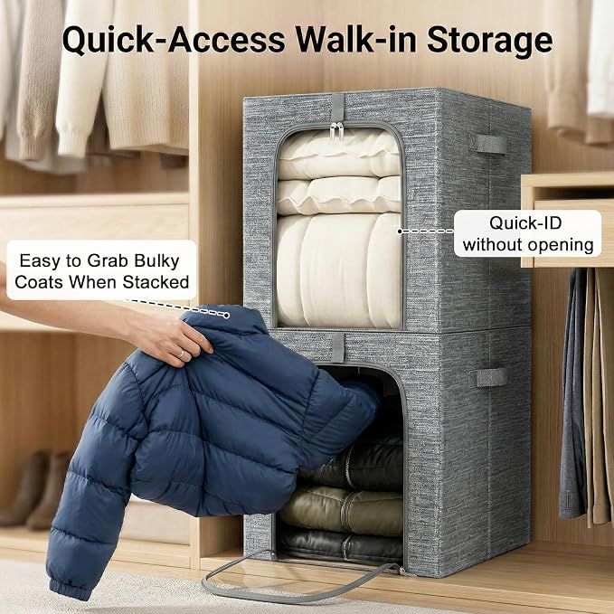 GoMaihe Blanket Storage Bins with Metal Frame for Closet, 55L 4-Pack Grey - Image 6