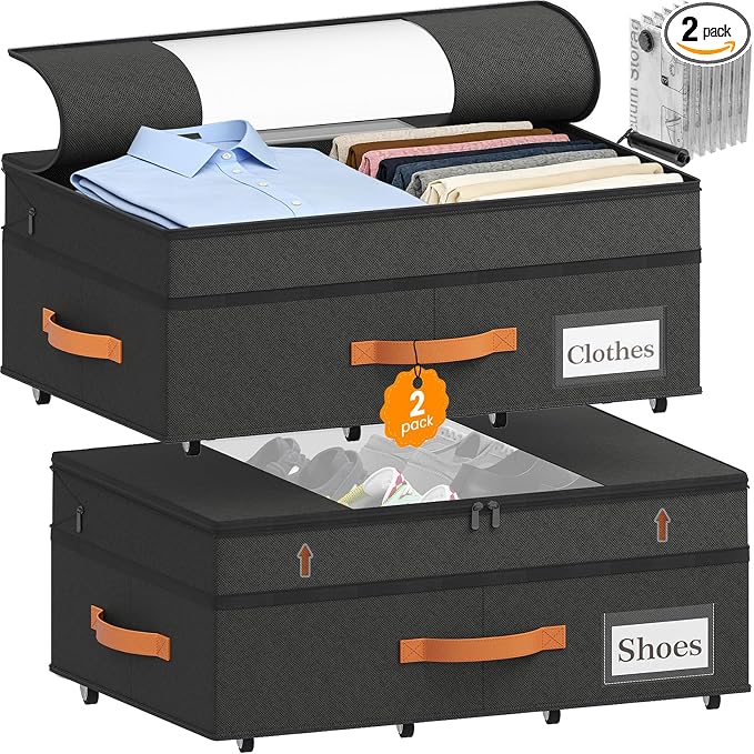 TOSKING 2-Pack Under Bed Storage Drawers with Wheels, 6 Vacuum Bags, Adjustable Height 7.9-10.2", 63L/80 lbs Clear Lid Rolling Bin, 900D Oxford, Space Saver for Dorm Bedroom Clothes Shoes, Black by TOSKINGESSENCE