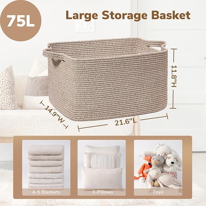 Goodpick Large Woven Rope Blanket Basket, Rectangle, Brown, 75L - Image 3