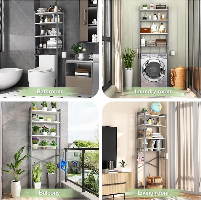 Kalrin Over-The-Toilet Storage Rack, 4-Tier Bathroom Organizer Shelf Over Toilet with Adjustable Shelf and Basket, Freestanding Space Saver Bathroom Shelves Above Toilet for Room (Gray- White) - Image 3