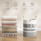 Nunsino 62L Striped Laundry Hamper with Leather Handles,Large Foldable Laundry Basket for Clothes,Cotton Rope Storage Bin for Blankets,Woven Clothes Basket for Bedroom,Gray Stripes - Image 4