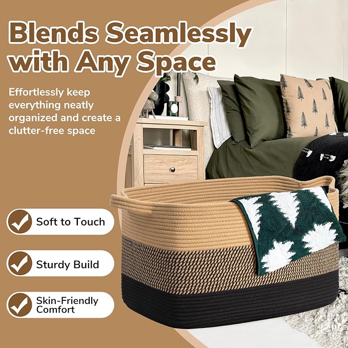 Goodpick Large Woven Blanket Basket, Rectangle, Black Jute, 75L - Image 5