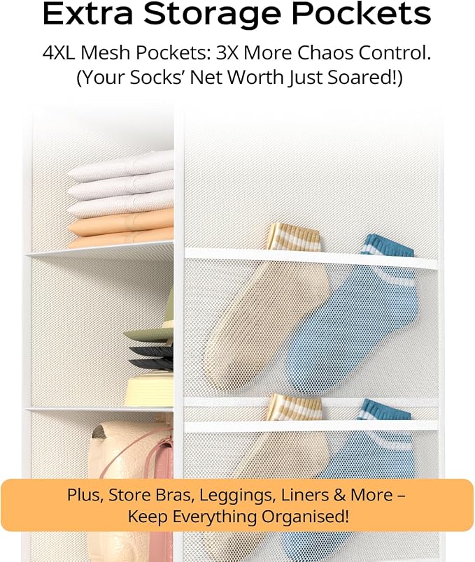 ALLTIDYUP Extra Deep Hanging Closet Organizers and Storage, 5-Tier Closet Hanging Organizer with 4 Mesh Pockets, Heavy-Duty Closet Shelves for Clothes and Hats, Ideal for Dorms and RVs, 1-Pack, White - Image 5
