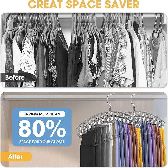 Upgrade Skirt Pants Hangers with Clips, Metal Legging Organizer for Closet with 15 Cilps Holds 60 Leggings/Shorts/Jeans/Skirts Pants Hangers Space Saving Closet Organizers and Storage, Grey 4Pack - Image 2