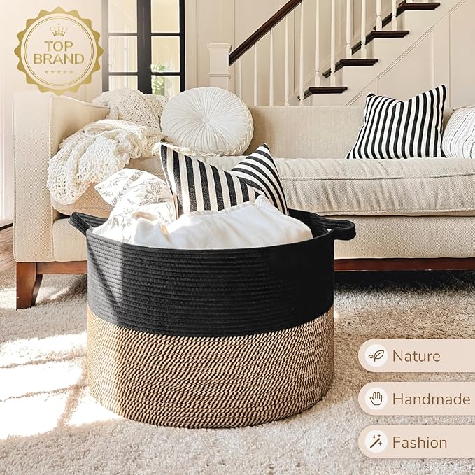 INDRESSME XXXLarge Woven Rope Blanket Basket Living Room Mix Black, 90L - Image 7