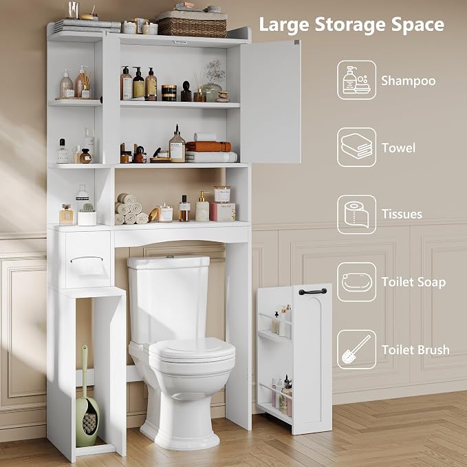 Einhomn Over The Toilet Storage Cabinet with Pulley, Space Saver Bathroom Organizer with Arched Doors & Open Shelves, Toilet Paper Holder Stand Toilet Rack for Bathroom, Restroom, Laundry, White - Image 6