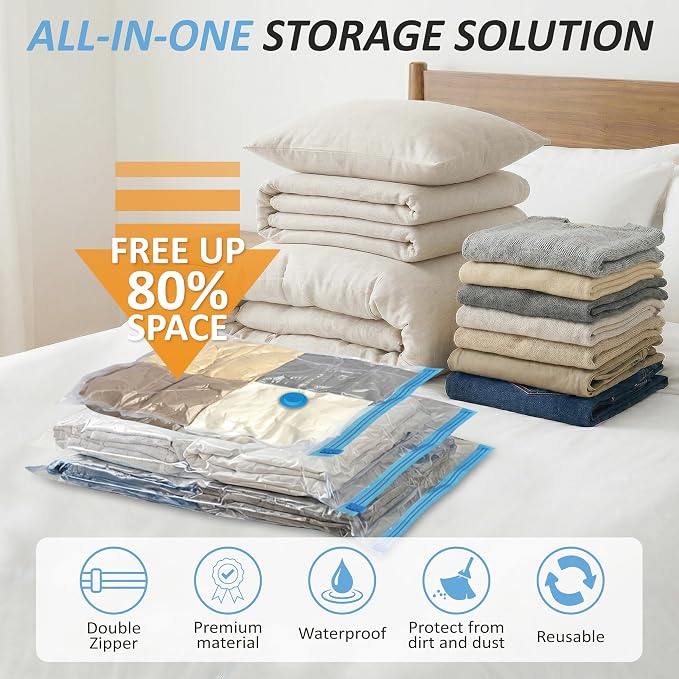 Vacuum Storage Bags with Hand Pump, Vacuum Seal Space Saver Bags,12 Large | 80% Space-Saving Bags for Clothes, Blankets, Pillows & Bedding;Double-Zip Airtight Seal;For Closets, Home & Travel Storage - Image 2