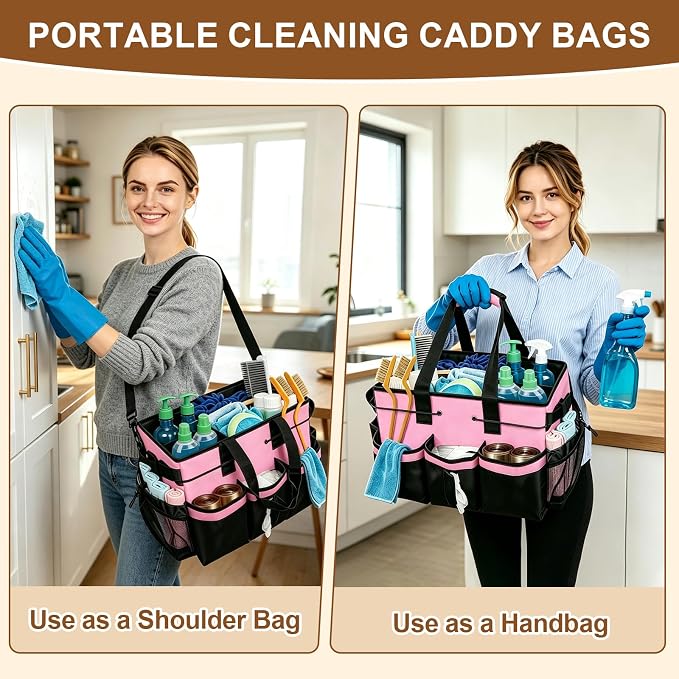 ALSLEA Large Cleaning Caddy Bag - 15" x 10.5" x 9" Heavy-Duty Organizer Tote for Housekeepers, Janitors & Home Cleaning Supplies with Adjustable Shoulder Strap & Multiple Pockets (Pink) - Image 6