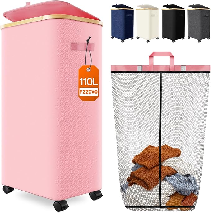 Laundry Basket with Wheels, 110L Large Rolling Laundry Hamper for Dorm by Fzzcvo