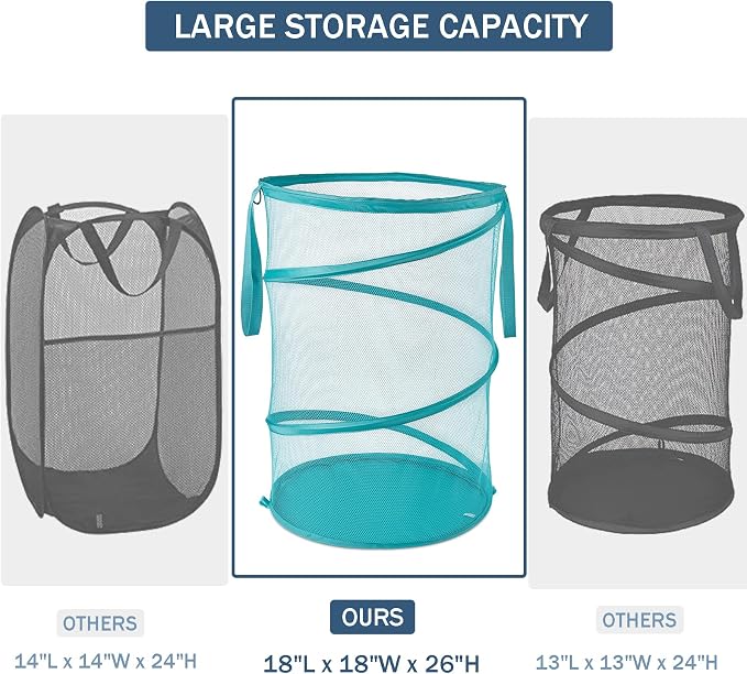Seiritex Mesh Popup Laundry Hamper 115L Collapsible Laundry Basket No Lid Extra Large Capacity Foldable Clothing Storage Basket with Handles 26 H x 18 W x 18 L (Turquoise Blue) - Image 3