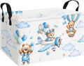 Rectangular Collapsible Laundry Basket with Side Handles, Blue Pilot Bear by QUEENLALA
