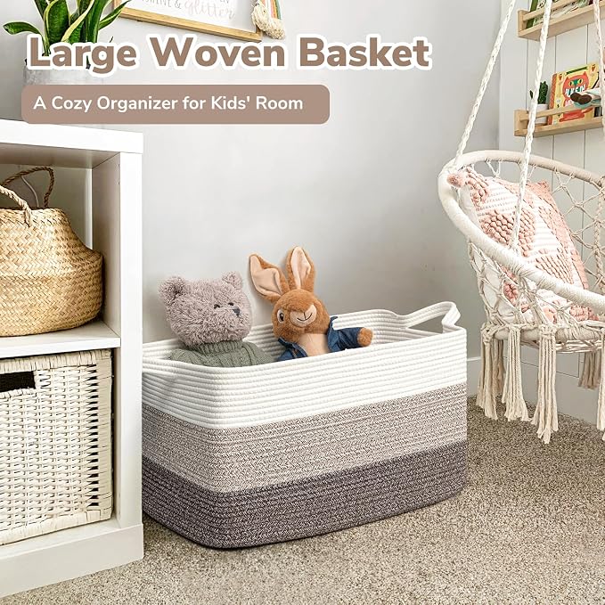 Goodpick Large Woven Rope Blanket Basket, Rectangle, White Brown - Image 2