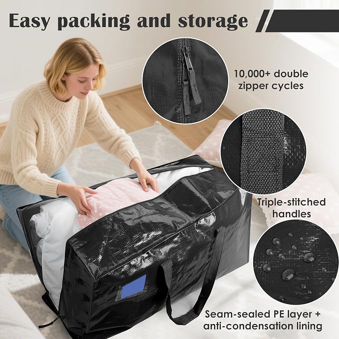 12 Pack Moving Bags with Full-Open Side Zipper, Extra Large 93L Heavy Duty Waterproof Foldable Storage Totes for College Dorm, Moving & Home Organization Black - Image 3