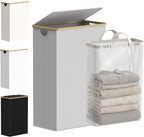 efluky Slim Laundry Basket with Lid, Narrow Laundry Hamper with Removable Bag, Skinny Dirty Clothes Basket with Bamboo Handles for Bathroom, Bedroom & Laundry Room, 75L Light Grey by efluky