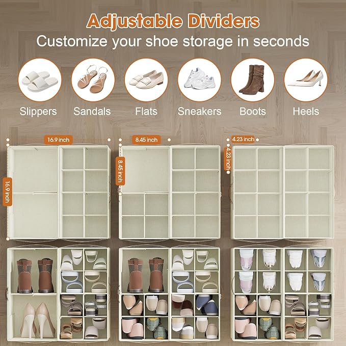 Shoe Organizer for Closet, 2-Pack Foldable Shoe Storage Box with Adjustable Dividers & Clear Cover, Fits 16 Pairs, Beige, Durable and Space-Saving - Image 2