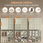 Shoe Organizer for Closet, 2-Pack Foldable Shoe Storage Box with Adjustable Dividers & Clear Cover, Fits 16 Pairs, Beige, Durable and Space-Saving - Image 2