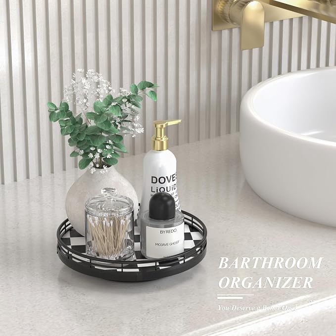 AMH 9-Inch Black and White Checkerboard Lazy Susan with Oak Base - Image 5