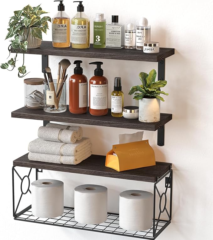 Amada Bathroom Shelves with Storage Basket, Set of 3, Rustic Brown by AMADAHOMEFURNISHING