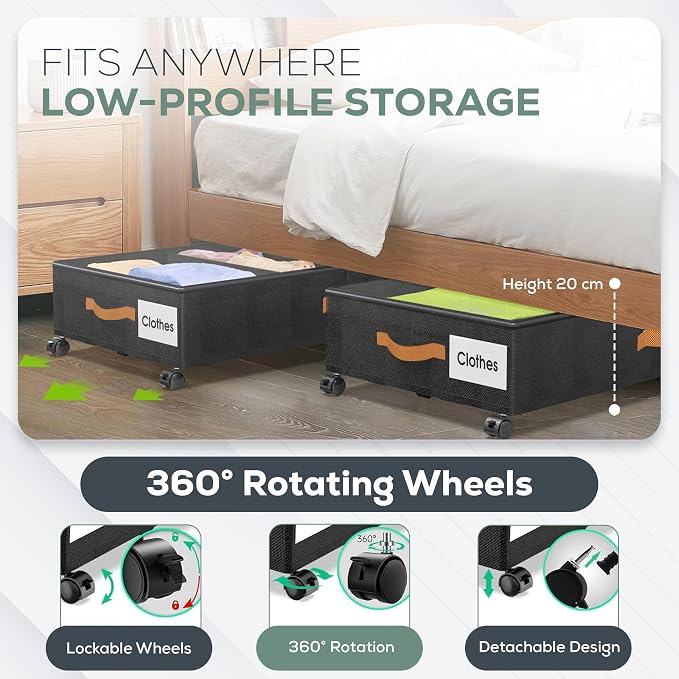 Under Bed Storage with Wheels, 2 Pack (36L Each)| Low Profile Storage Organizer with Clear Window, Double Zipper & 360° Locking Wheels – Rolling Metal Drawer for Clothes, Shoes, & More (Black) - Image 4